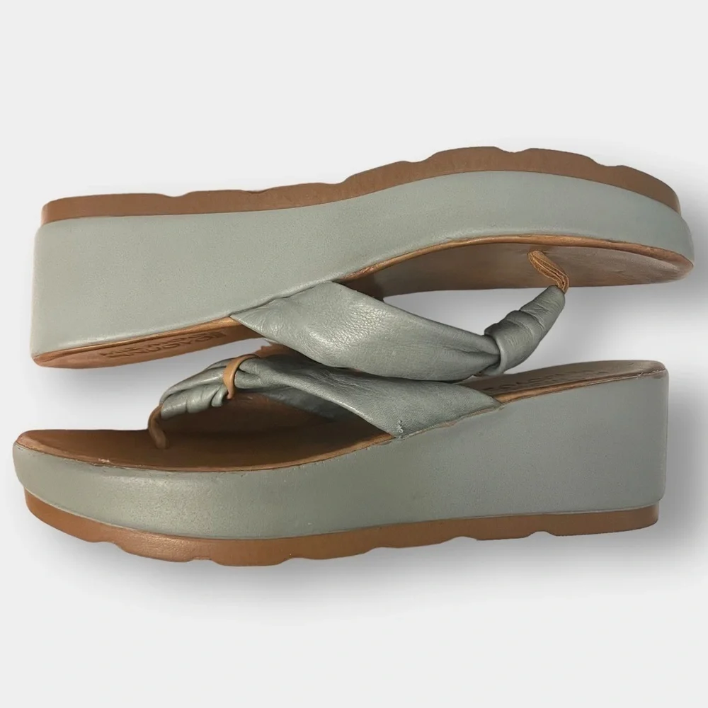 NEW Miz Mooz Inuovo Leather Wedge Blue Grey Brown Flip Flop Sandal Size 41